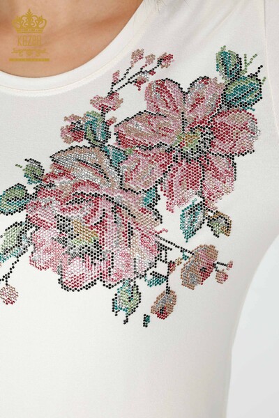Wholesale Women's Blouse Colored Stone Embroidered Ecru - 79015 | KAZEE - Thumbnail