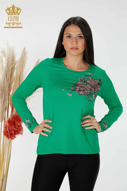 Wholesale Women's Blouse Colored Stone Embroidered Green - 79015 | KAZEE