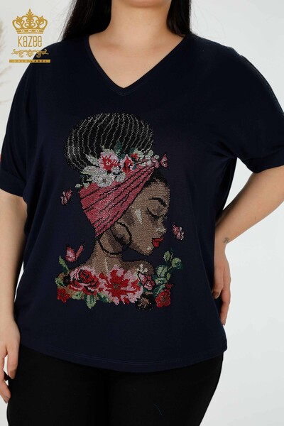Wholesale Women's Blouse Colored Stone Embroidered Navy Blue - 78913 | KAZEE - 2