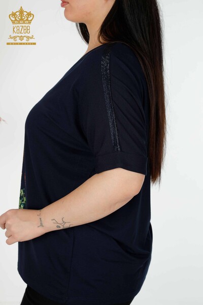Wholesale Women's Blouse Colored Stone Embroidered Navy Blue - 78913 | KAZEE - 6