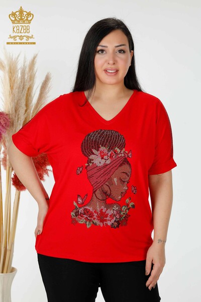 Wholesale Women's Blouse Colored Stone Embroidered Red - 78913 | KAZEE - Thumbnail