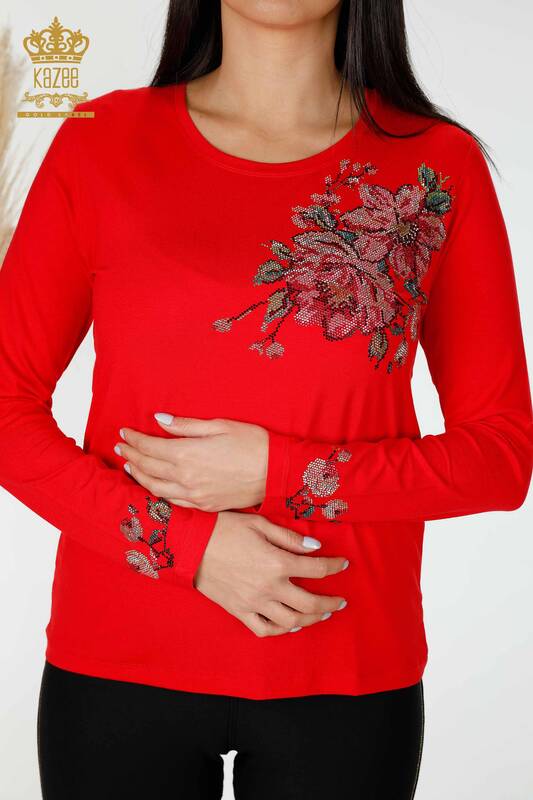 Wholesale Women's Blouse Colored Stone Embroidered Red - 79015 | KAZEE