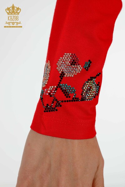 Wholesale Women's Blouse Colored Stone Embroidered Red - 79015 | KAZEE - Thumbnail