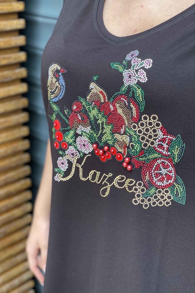 Wholesale Women's Blouse Colored Stone Embroidered V Neck - 77672 | Kazee - Thumbnail