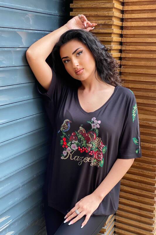 Wholesale Women's Blouse Colored Stone Embroidered V Neck - 77672 | Kazee