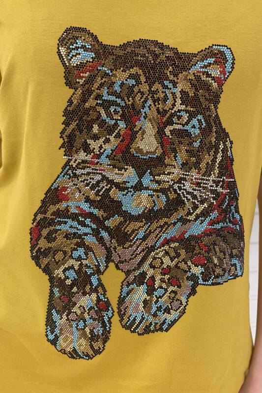 Wholesale Women's Blouse Colored Stone Tiger Detail - 77545 | Kazee