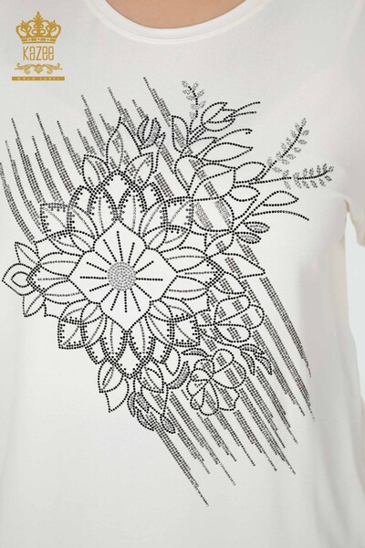 Wholesale Women's Blouse Crystal Embroidered Ecru - 78944 | KAZEE - Thumbnail (2)