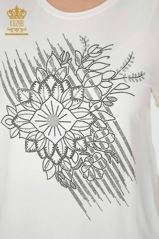 Wholesale Women's Blouse Crystal Embroidered Ecru - 78944 | KAZEE