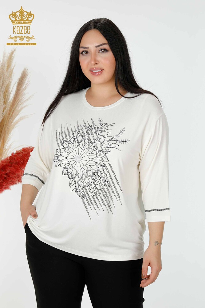 Wholesale Women's Blouse Crystal Embroidered Ecru - 78944 | KAZEE - 1