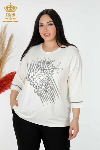 Wholesale Women's Blouse Crystal Embroidered Ecru - 78944 | KAZEE - Kazee