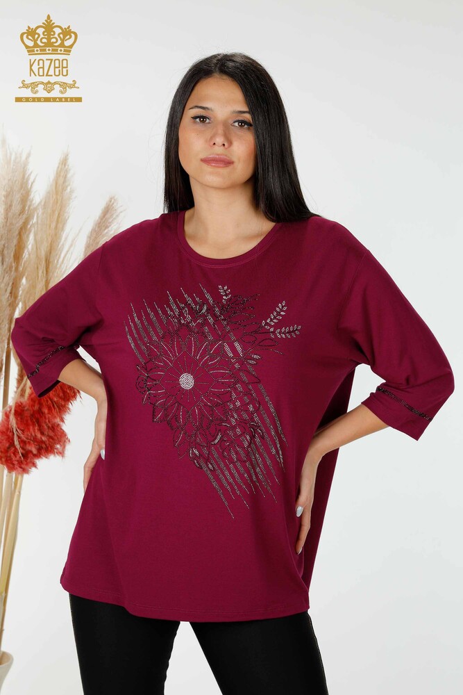 Wholesale Women's Blouse Crystal Embroidered Purple - 78944 | KAZEE - 1