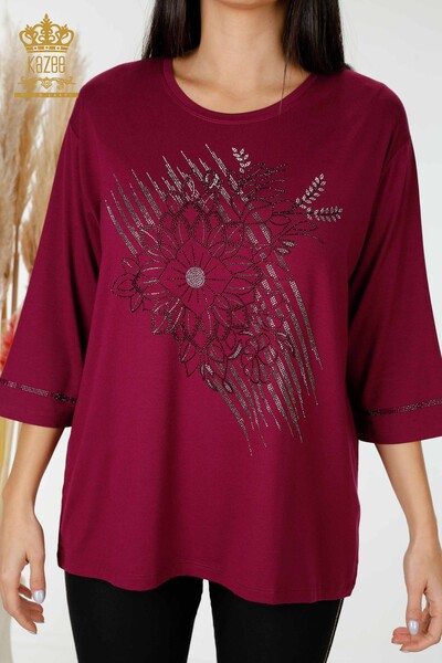 Wholesale Women's Blouse Crystal Embroidered Purple - 78944 | KAZEE - 2
