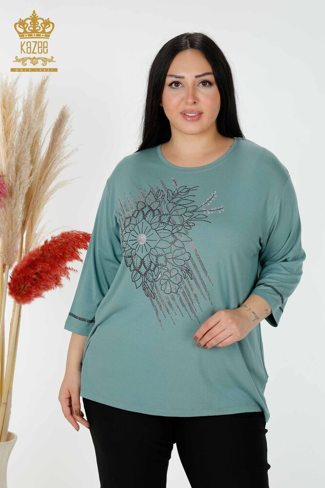 Wholesale Women's Blouse Crystal Stone Embroidered Mint - 78944 | KAZEE - 1