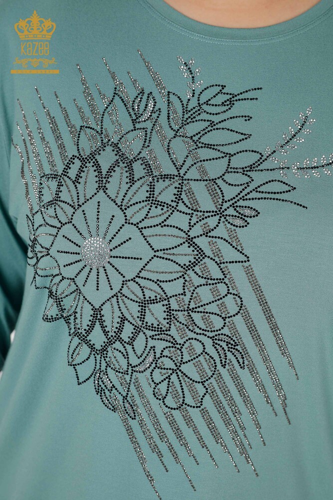 Wholesale Women's Blouse Crystal Stone Embroidered Mint - 78944 | KAZEE - 3