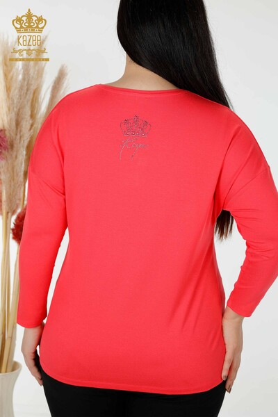 Wholesale Women's Blouse Crystal Stone Embroidered Coral - 77935 | KAZEE - Thumbnail
