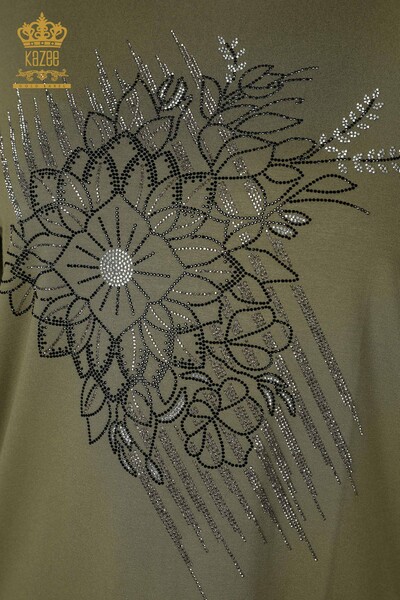Wholesale Women's Blouse Crystal Stone Embroidered Khaki - 78944 | KAZEE - Thumbnail (2)