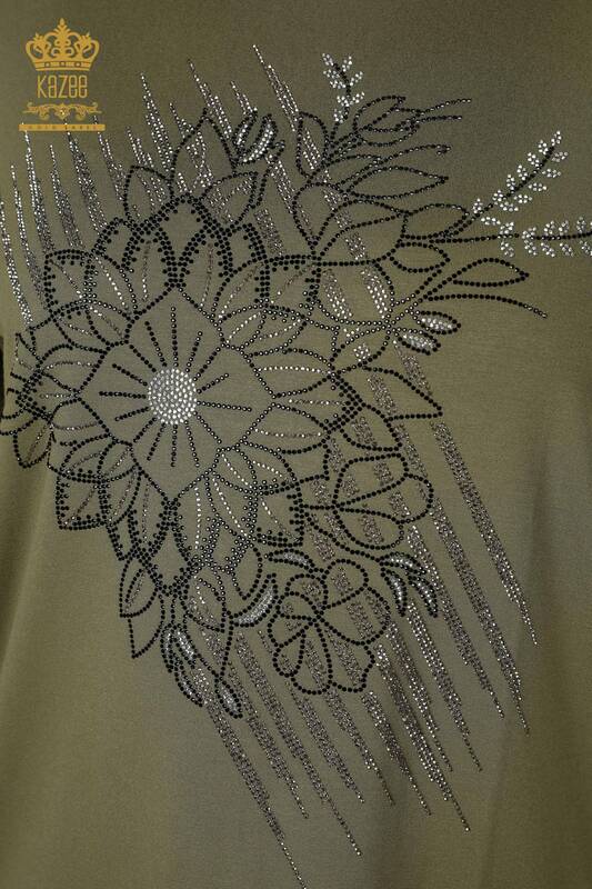 Wholesale Women's Blouse Crystal Stone Embroidered Khaki - 78944 | KAZEE
