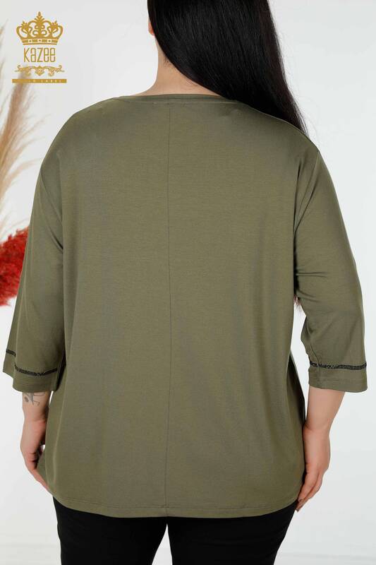 Wholesale Women's Blouse Crystal Stone Embroidered Khaki - 78944 | KAZEE
