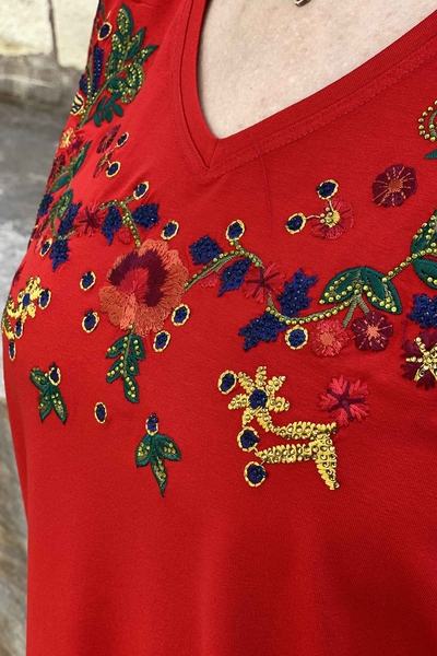 Wholesale Women's Blouse Floral Embroidered Stone V Neck - 77679 | Kazee - Thumbnail