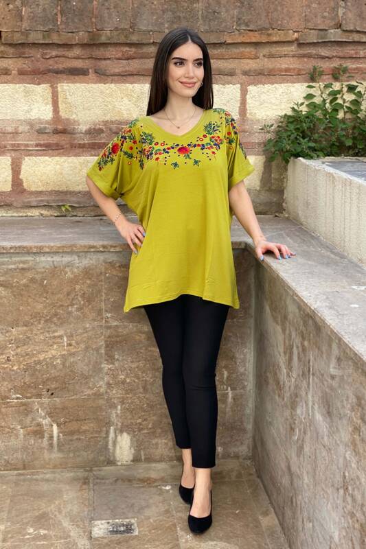 Wholesale Women's Blouse Floral Embroidered Stone V Neck - 77679 | Kazee