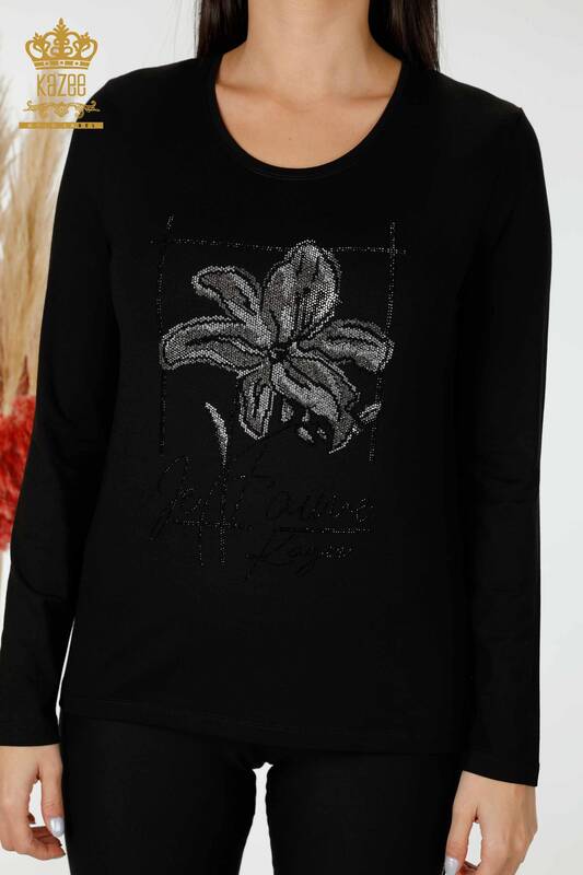 Wholesale Women's Blouse Floral Pattern Black - 79014 | KAZEE