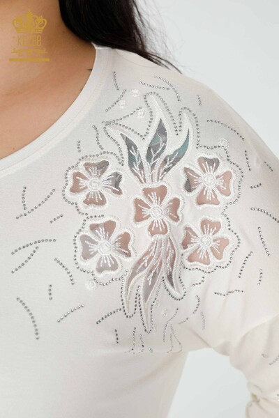 Wholesale Women's Blouse Floral Pattern Ecru - 77950 | KAZEE - 3