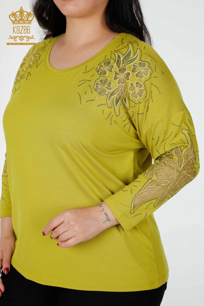 Wholesale Women's Blouse Floral Pattern Pistachio Green - 77950 | KAZEE - 2