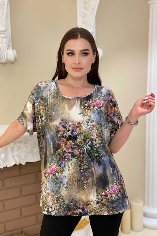 Wholesale Women's Blouse Floral Pattern Stone Embroidered Short Sleeve - 77773 | Kazee