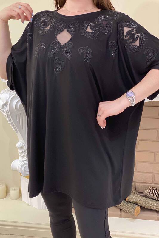 Wholesale Women's Blouse Front Tulle Stone Detailed Bat Sleeve - 77638 | Kazee