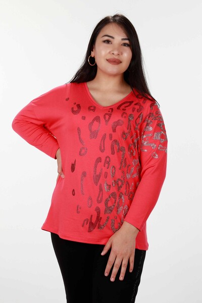 Wholesale Women's Blouse Cotton Leopard Embroidered Long Sleeve - 78910 | KAZEE - Thumbnail
