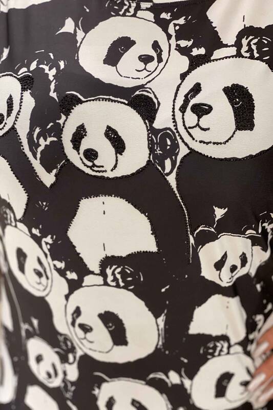 Wholesale Women's Blouse Panda Printed Stone Embroidered Detail - 77372 | Kazee