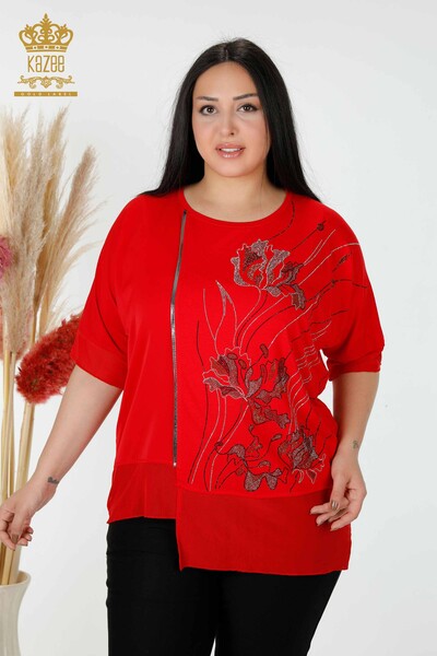 Wholesale Women's Blouse Patterned Tulle Detailed Red - 79027 | KAZEE - Thumbnail