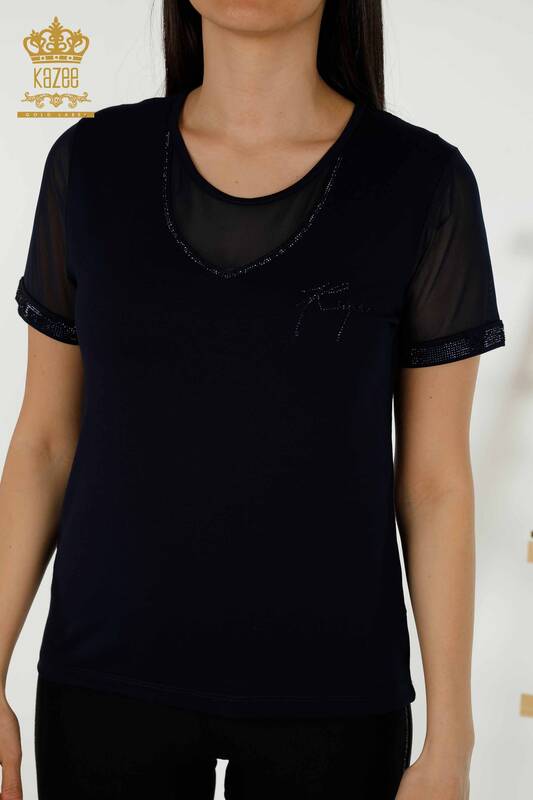 Wholesale Women's Blouse Short Sleeve Navy - 79104 | KAZEE