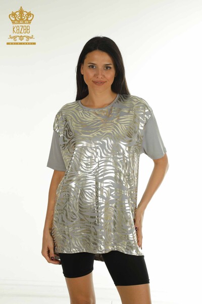 S&M - Wholesale Women's Blouse Slit Detailed Gray - 2402-231044 | S&M