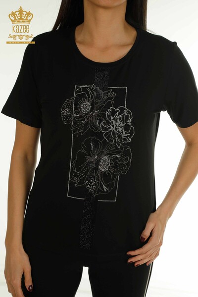 Wholesale Women's Blouse Stone Embroidered Black - 79502 | KAZEE - Thumbnail