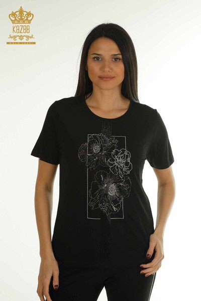 Wholesale Women's Blouse Stone Embroidered Black - 79502 | KAZEE - Kazee