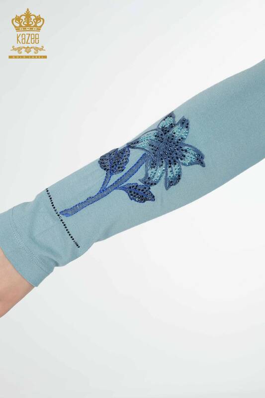 Wholesale Women's Blouse Stone Embroidered Blue - 79011 | KAZEE