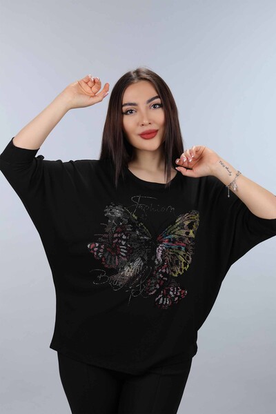 Wholesale Women's Combed Cotton Stone Embroidered Butterfly Pattern - 77903 | KAZEE - Thumbnail
