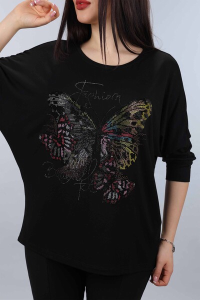 Wholesale Women's Combed Cotton Stone Embroidered Butterfly Pattern - 77903 | KAZEE - Thumbnail