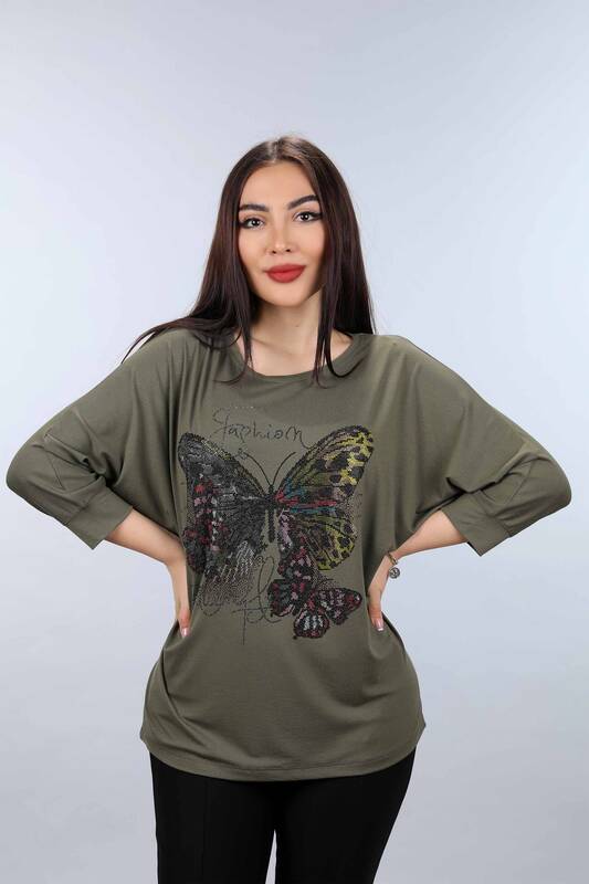 Wholesale Women's Combed Cotton Stone Embroidered Butterfly Pattern - 77903 | KAZEE