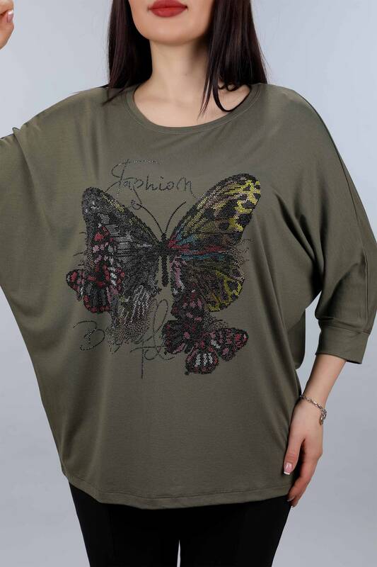 Wholesale Women's Combed Cotton Stone Embroidered Butterfly Pattern - 77903 | KAZEE