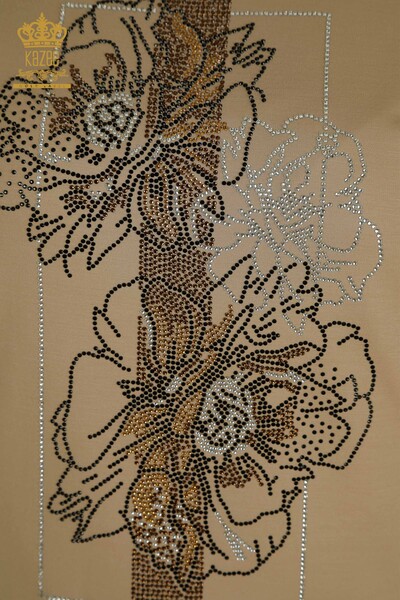 Wholesale Women's Blouse Stone Embroidered Dark Beige - 79502 | KAZEE - Thumbnail