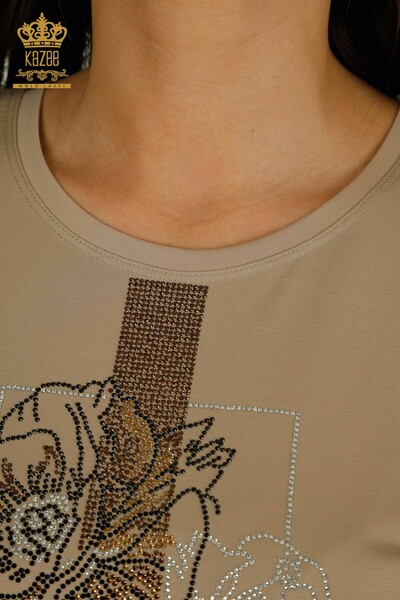 Wholesale Women's Blouse Stone Embroidered Dark Beige - 79502 | KAZEE - Thumbnail
