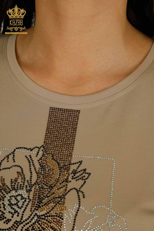 Wholesale Women's Blouse Stone Embroidered Dark Beige - 79502 | KAZEE