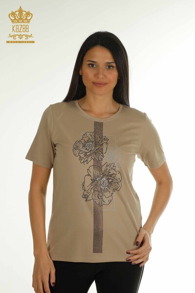 Wholesale Women's Blouse Stone Embroidered Dark Beige - 79502 | KAZEE 