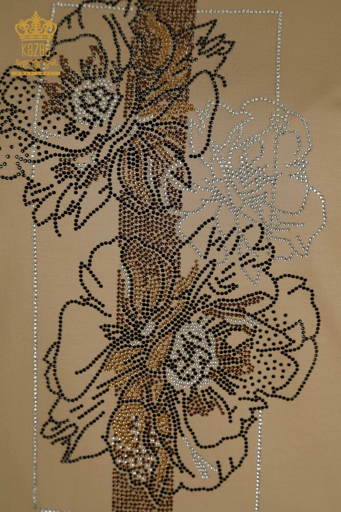Wholesale Women's Blouse Stone Embroidered Dark Beige - 79502 | KAZEE - 3