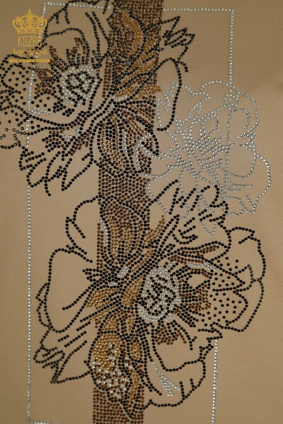 Wholesale Women's Blouse Stone Embroidered Dark Beige - 79502 | KAZEE - 3