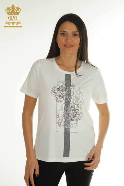 Wholesale Women's Blouse Stone Embroidered Ecru - 79502 | KAZEE - Kazee