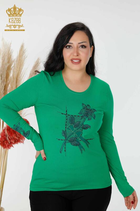 Wholesale Women's Blouse Stone Embroidered Green - 79011 | KAZEE