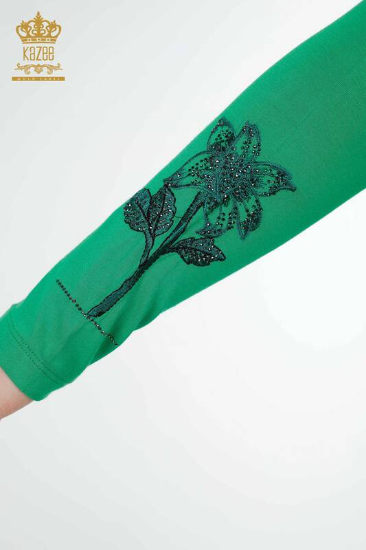 Wholesale Women's Blouse Stone Embroidered Green - 79011 | KAZEE